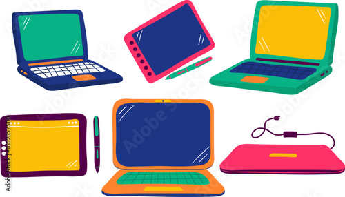 colorful hand drawn laptop and graphic tablet collection with digital pens isolated tech elements