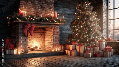  hyper-realistic, cozy, and warmly lit interior Christmas scene focused on a traditional brick fireplace and a generously decorated Christmas tree. 
