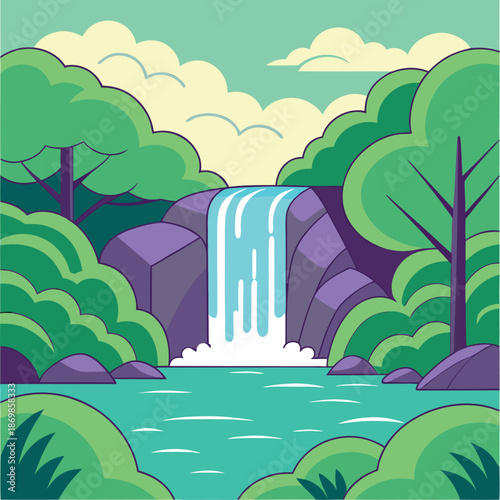 Fantasy landscape with a waterfall cascading 