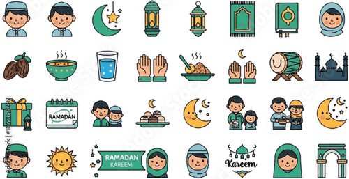 Diverse vector icon set for Ramadan and Eid al-Fitr, depicting Islamic traditions, spiritual devotion, community, family gatherings, and festive celebrations