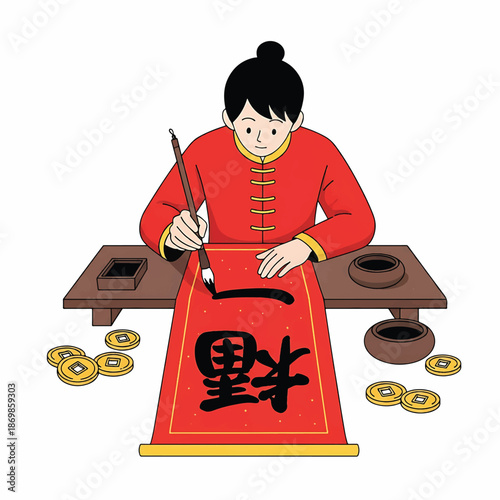 Illustration of a woman in traditional Chinese attire writing on a red banner for the Chinese New Year with a brush.