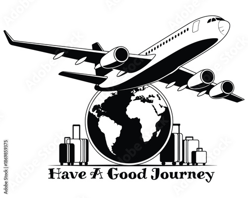 Modern airplane soaring above the globe with luggage for a good journey concept