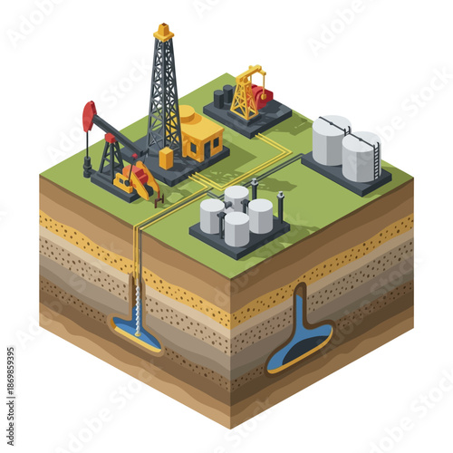 Isometric Oil Rig and Storage Tanks.