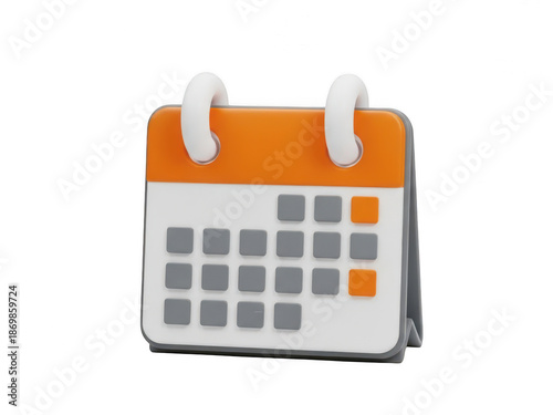 Modern calendar icon with orange highlights and circular handles isolated on transparent background