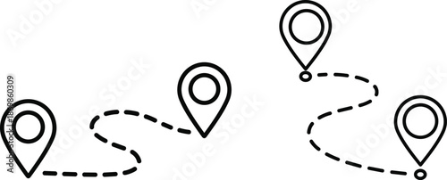 Map pin location icons with dashed path, GPS navigation pointer set, destination route line graphic, journey tracking icons, isolated vector elements