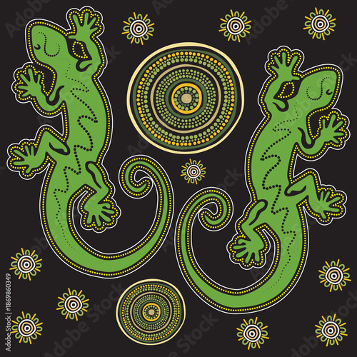 Aboriginal art background with lizard. Illustration based on aboriginal style of dot painting. 