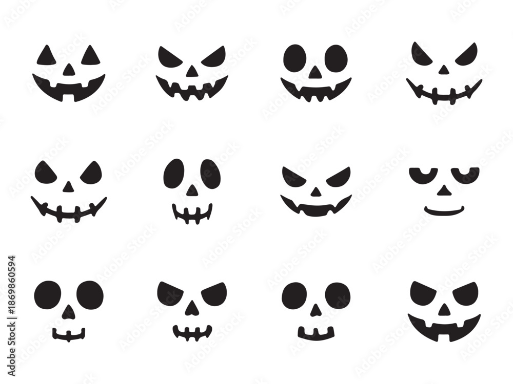 Obraz premium Silhouette of spooky cute halloween face icon set black vector illustration