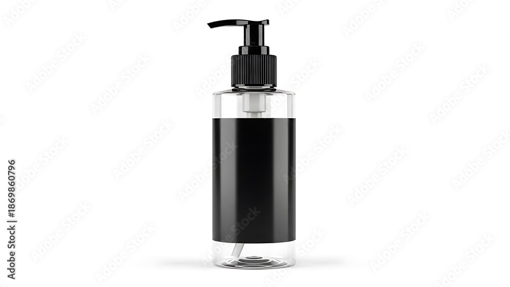 Obraz premium Black liquid in clear plastic pump bottle with black cap cosmetic bottle clear plastic bottle