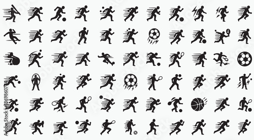 Dynamic speed motion sports icons and running athlete set