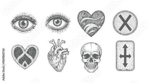 Illustrations of human eye, heart, skull and symbols in black and white