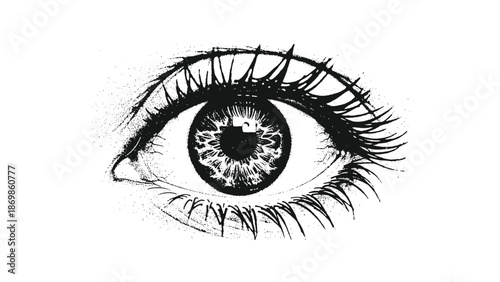 A detailed illustration of a human eye with long eyelashes is shown.