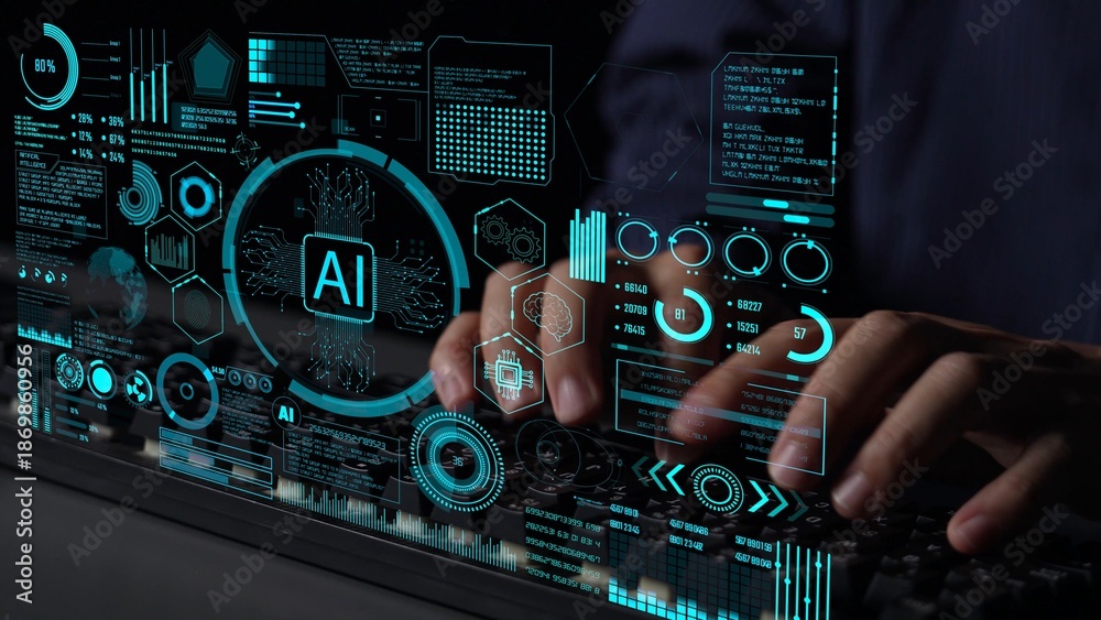 Fototapeta premium AI Assistant Brain Processor with LLM Technology, Big Data, Machine Learning, Generative AI for Business Support, Future Agentic AI Technology and Artificial Intelligence Prompt Engineering. Thunk