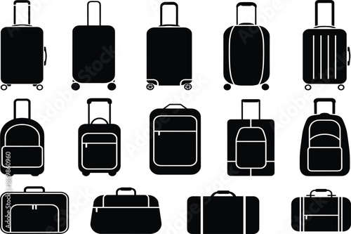 Set of black luggage silhouettes, travel suitcase icons and rolling bag elements for airport and tourism design