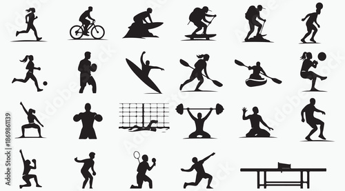 Comprehensive sports athlete silhouettes and activity icons set