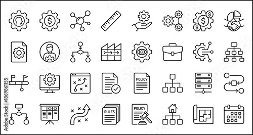 Business process management line icons set, strategy policy workflow organization finance analytics planning outline vector symbols collection