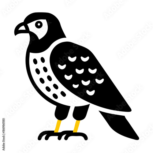 A stylized black and white falcon or hawk icon with yellow legs, representing a bird of prey