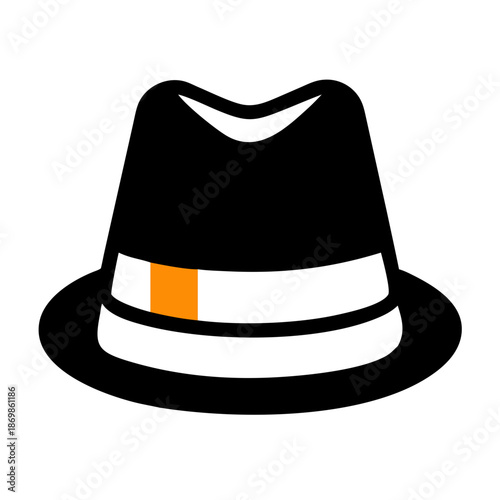 Classic black fedora hat illustration with a white band and a subtle orange accent