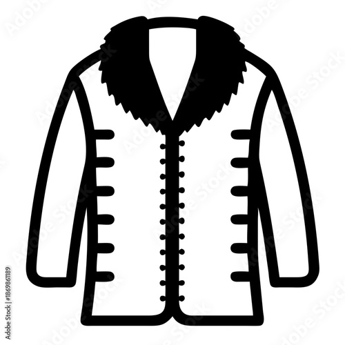 A stylish outline icon of a winter coat featuring a prominent fur collar and decorative detailing