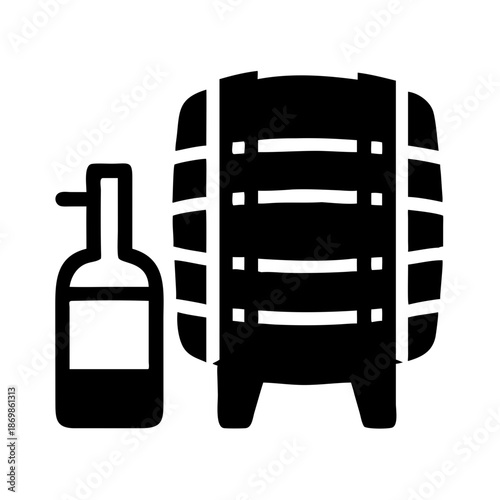 Iconic representation of a beverage bottle with a dispenser and a traditional wooden barrel