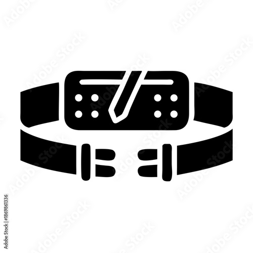 A black silhouette icon of a ninja headband with a metal plate and open strap