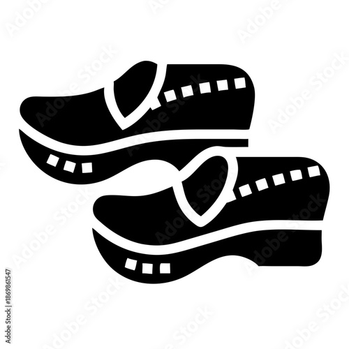 A pair of traditional wooden dutch clogs depicted as a solid black glyph icon on a white background