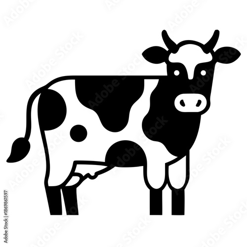 A simple black and white vector illustration of a cow with distinctive spots and horns