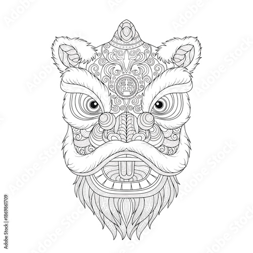 A detailed line drawing of a Chinese New Year lion dance mask with intricate patterns on a white background.
