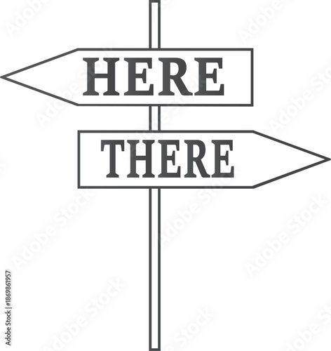 Two directional arrow signs one pointing left with word H E R E and one pointing right with word T H E R E on a pole