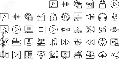 multimedia, video, audio, editing, playback, sound, icon, vector, outline, bitrate, crop, upload, cloud, file, settings