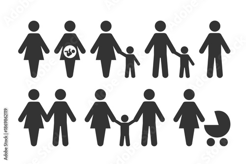 People icons. Family icons: man, woman, child, pregnant woman. Flat style vector illustration isolated on a white background.