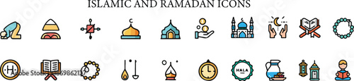 Colorful Ramadan and Islamic religious icon collection for holy month design 