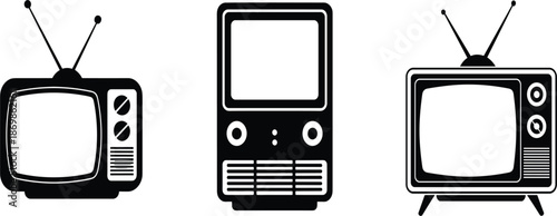Set of television vector icons, black and white retro TV silhouettes with antennas and rotary dials