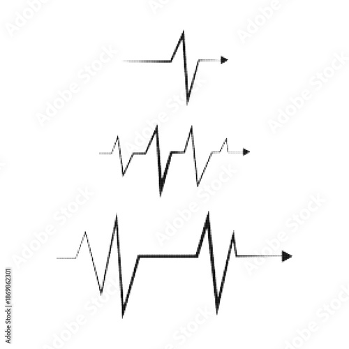 Black and white halftone illustration of heartbeat and ECG wave lines. Medical pulse signal symbolizing health monitoring, cardiology, life rhythm, and vital signs.