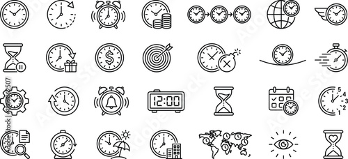 time, clock, schedule, calendar, stopwatch, hourglass, alarm, icons, vector, productivity, planning, management, deadline, reminder, timezone