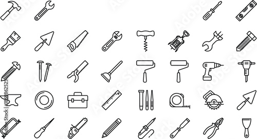tools, hardware, construction, icons, vector, carpentry, repair, DIY, equipment, wrench, hammer, saw, drill, utility, workshop