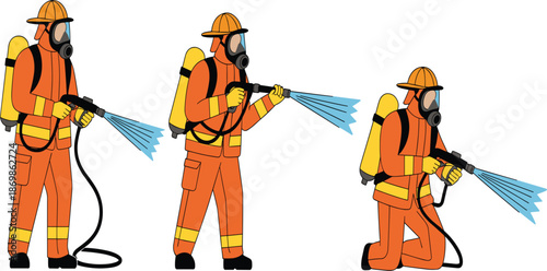 Professional Firefighters In Orange Protective Suits Using High Pressure Water Hoses To Extinguish Dangerous Fires.