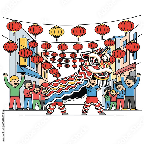 Illustration of a colorful dragon dance performance with people celebrating Chinese New Year on a vibrant street filled with red lanterns.