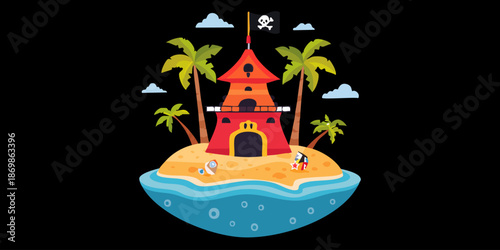 Pirate Island with Treasure Castle and Palm Trees.