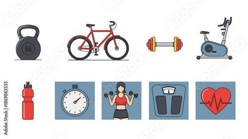 Variety of fitness equipment icons including kettlebell, bicycle, dumbbell, stationary bike, and health monitoring tools.