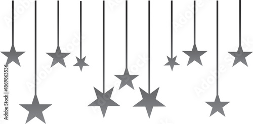 Gray stars hanging on dark strings against a white background vector