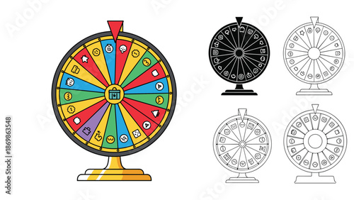 Colorful wheel of fortune game element featuring various prize icons and different graphical styles for gaming applications.