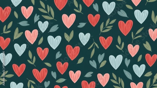 A vibrant seamless pattern featuring various shades of hearts and delicate leafy branches on a dark teal background