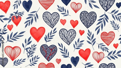 A repeating pattern of red and navy blue hearts with delicate leaves creates a charming romantic aesthetic
