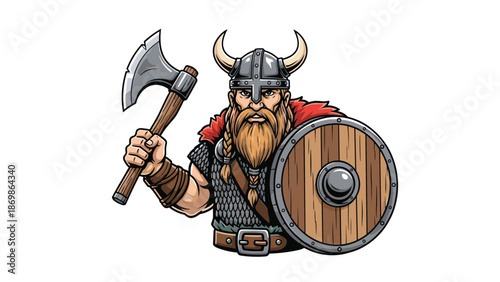 Brave viking warrior wearing a horned helmet and fur mantle holds a wooden shield and a large battle axe on white background.