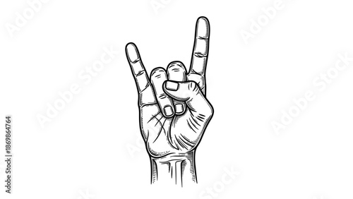 Detailed black and white ink drawing of a hand making the rock on sign gesture commonly used in music culture.