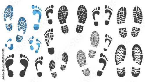Collection of various human footprints and shoe sole prints in different styles and orientations for tracking concepts.
