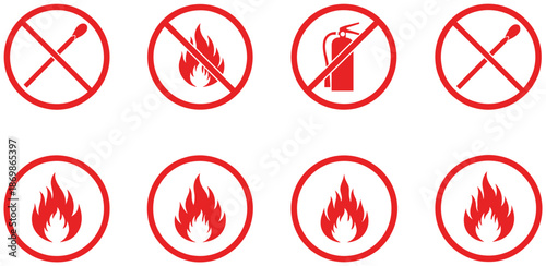 Set of red fire safety warning icons featuring no matches no open flame no extinguisher and flammable hazard symbols for workplace safety signs.