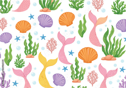 Seamless pattern with pink and yellow mermaid tails seashells starfish seaweed and coral reef elements for nautical children wallpaper background flat vector illustration.
