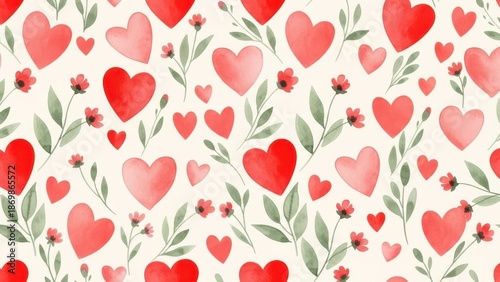 A delightful pattern of watercolor hearts and delicate floral sprigs creates a romantic and charming aesthetic backdrop