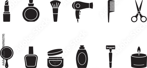 Beauty and cosmetic products grooming tools icons featuring lipstick perfume bottle and comb